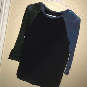 long sleeve blue and light green tee shirt